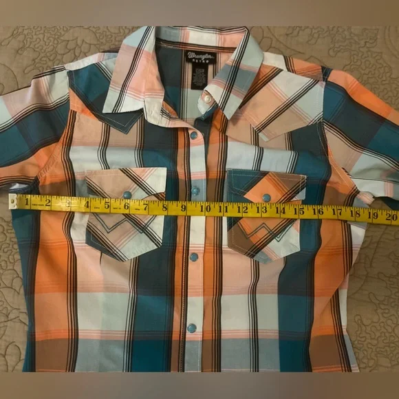 Wrangler Retro Teal and Orange Plaid Western Rodeo Turquoise Snap Shirt, Size S - Picture 9 of 10